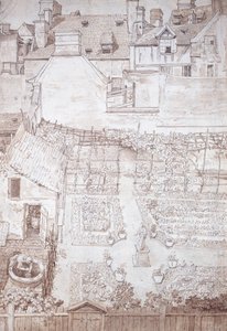 Um jardim de uma casa de cidade, com parterres e pérgula de videira, encerrado por edifícios, c.1677 (caneta e tinta castanha com lavagem castanha)