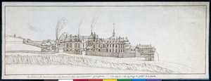 A Abadia de Montmartre, com chaminés a fumar (caneta e tinta sobre papel) de Noel Gasselin