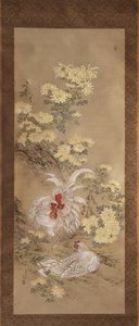 Galinhas e crisântemos de Noguchi Yukoku