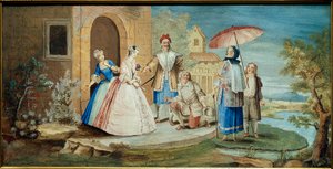 O comediante e dramaturgo Jean Baptiste Poquelin dit Moliere (um joelho no chão) e seus comediantes na peça Georges Dandin ou le mari confusos" em 1668. Pintura de Natal Coypel (1628-1707) 1668 Coleção Jacques Lorcey
