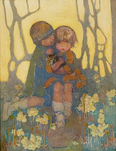 Irmãs com um gatinho (óleo sobre tela) de Norah Neilsen Gray