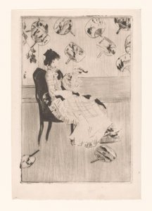 Mulher sentada rodeada de fãs japoneses de Norbert Goeneutte