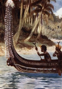 Uma canoa mostrando o "Totoishu", Nova Geórgia, Ilhas Salomão (cor litho) de Norman Hardy
