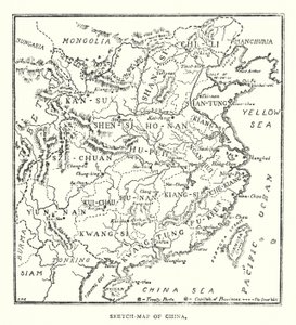 China: Mapa do esboço da China (cor litho) de Norman Hardy