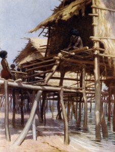 No Pile Dwellings em Hanuabada, Port Moresby, Nova Guiné Britânica (cor litho) de Norman Hardy