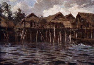 Motu Village from the Sea (cor litho) de Norman Hardy