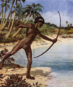 Native Archer shooting Fish, Ilhas Salomão Britânicas (cor litho)