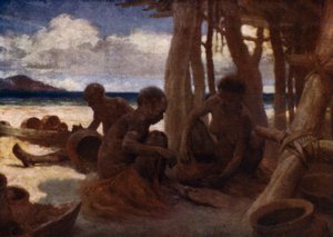 Old Women making Pottery, British New Guinea (cor litho) de Norman Hardy