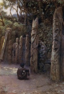 A Pedra "Demits", ou as Almas, com as suas figuras de madeira, Ilha Malekula, Novas Hébridas (cor litho) de Norman Hardy