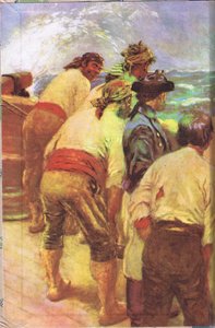 Desenho da capa interior, da Treasure Island publicado por MacDonald 1947 (cor litho) de Norman Mills Price