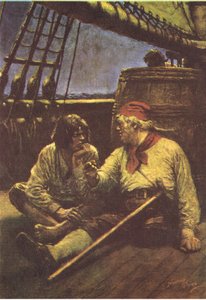 O barril tremeu enquanto ele encostava o ombro contra ele, de Treasure Island publicado por MacDonald 1947 (cor litho)