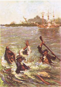 O barco afundou pela popa em três pés de água, de Treasure Island publicado por MacDonald 1947 (lito a cores) de Norman Mills Price