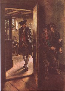 Nós dois estávamos escondidos pela porta aberta, de Treasure Island publicado por MacDonald 1947 (lito colorido)