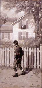 O futebol mágico ”, Tommy apareceu na janela do andar de cima. (Menino com caxumba) de Norman Rockwell