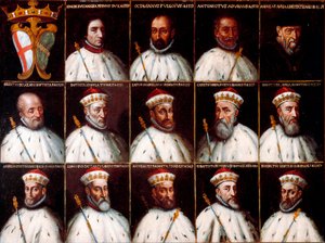 Brasão da República de Genes e retratos dos Doges - Simone Boccanegra, Ottaviano Fregoso e Antoniotto II Adorno; Andrea Doria. Oberto Cattaneo Lazzari, Battista Spinola, Battista Lomellini, Cristoforo Grilaldi Rosso, Giovanni Battista Doria