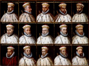 Brasão da República de Genes e retratos dos Doges. Gio Battista Gentile Pignolo, Nicolò Doria, Gerolamo De Franchi Toso, Gerolamo Chiavari, Ambrogio Di Negro, Davide Vacca (ou Vaccari), Battista Negrone, Gio Giustiniani Campi, Antonio Grimal