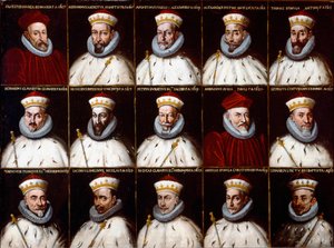 Brasão da República de Genes e retratos dos Doges. Silvestro Invrea, Gerolamo Assereto, Agostino Pinello Luciani, Alessandro Giustiniani Longo, Tomaso Spinola, Clavarezza Bernardo, Giovanni Giacomo Imperiale (Tartaro), Pietro Durazzo, Ambrog