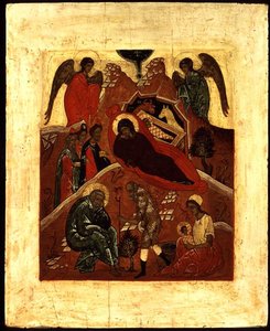 Ícone da Natividade, a Adoração dos Reis Magos e a Tentação de São José, c.1500 (folha de ouro e têmpera em painel)