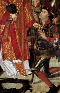 São Vicente, padroeiro do Políptico de Lisboa de São Vicente de Saragoça rodeado de cavaleiros eveques. Detalhe. Pintura atribuída a Nuno Gonçalves ou Gonzalvez (século XV) Museu Nacional de Arte Antiga, Lisboa.