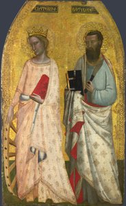 Santos Catarina e Bartolomeu, c.1350 (têmpera de ovo sobre madeira) de Nuzi Allegretto and Ghissi Francescuccio (fl.1345 74)