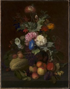 Natureza morta com frutas e flores
