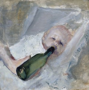 Bebé com mamadeira de leite (óleo sobre tela)