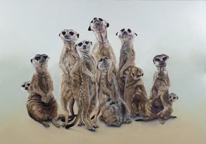 Turba de suricatas, anjos do sol, 2013 (acrílico sobre madeira revestida a gesso) de Odile Kidd