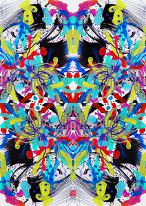 Zen Ink Azul Vermelho Amarelo Padrão Floral, 2023 (acrílico sobre papel, digital) de Odilia W. Y. Fu