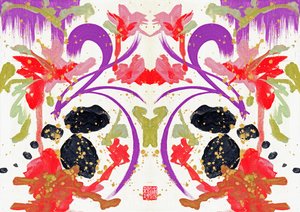 Zen Orange Purple Flowers 1, 2021 (acrílico sobre tela, digital) de Odilia W. Y. Fu