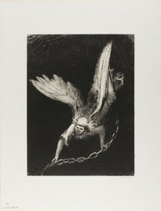 E eu vi um anjo descer do céu, tendo a chave do abismo e uma grande corrente em sua mão, placa 8 de 12 de Odilon Redon