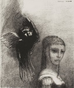 E um grande pássaro, descendo do céu, se lança contra o ponto mais alto de seu cabelo, placa 3 de 10 de Odilon Redon