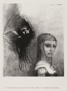 E um pássaro grande, descendo do céu, se lança contra a ponta mais alta de seu cabelo, placa 3 de 10, 1888 de Odilon Redon
