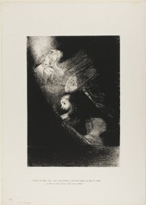 Primeiro uma poça de água, depois uma prostituta, o canto de um templo, o rosto de um soldado, uma carruagem com dois cavalos brancos a montar, placa 1 de A tentação de Santo António (1ª série) de Odilon Redon