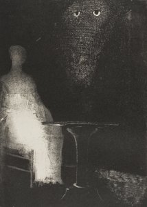 Continuei a olhar para a cadeira, e imaginei ter visto nela um contorno azul pálido e enevoado de uma figura humana, placa 1 de 6 de Odilon Redon