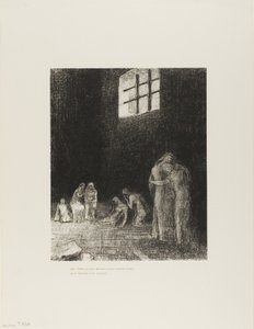 Na sombra estão as pessoas, chorando e orando, cercadas por outros que as exortam, placa 6 de 24 de Odilon Redon