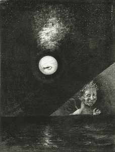 No horizonte, o anjo da certeza, e no céu escuro, um olhar questionador. Série: Para Edgar de Odilon Redon