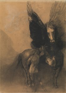 Pegasus e Bellerophon, c.1888 (Carvão, lavagem com água, giz branco e lápis de cera contéudo em papel bleier azul) de Odilon Redon