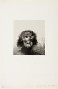 O pólipo disforme flutuava nas margens, uma espécie de ciclope sorridente e medonho, placa 3 de 8 de "Les Origines" de Odilon Redon