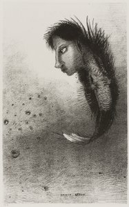 Então aparece um ser singular, tendo a cabeça de um homem no corpo de um peixe, placa 5 de 10 de Odilon Redon