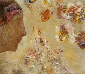 Mulher de perfil com borboleta e flores; Mulher de perfil com borboleta e flores, de Odilon Redon