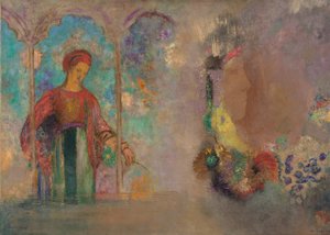 Mulher numa arcada gótica: mulher com flores