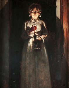 Mulher com vela, por Odoardo Borrani (1833-1905), Óleo sobre madeira, 38,5x25,5 cm