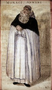 Monge arménio. Gravura em madeira. Século XVI.