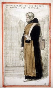 Ordem Religiosa: os Irmãos Hospitalares de São João de Deus. Gravura do século XVI. De acordo com O. Fialetti.
