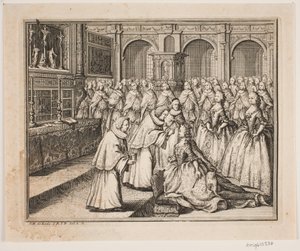 O bispo Hersleb unge a rainha Louise na Igreja do Palácio de Frederiksborg. Ilustração para o ato de unção de Frederik d. IV de Odvardt Helmoldt de Lode