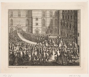 Rei Frederik V em procissão para a cerimônia de unção na Igreja do Palácio de Frederiksborg. Ilustração para o ato de unção de Frederik d. IV de Odvardt Helmoldt de Lode