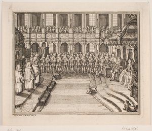 Rei Frederik V e Rainha Louise durante a cerimônia de unção na Igreja do Palácio de Frederiksborg. Ilustração para o ato de unção de Frederik d. IV de Odvardt Helmoldt de Lode