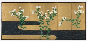Crisântemos por um fluxo, par de telas dobráveis de seis painéis, final de 1700-início de 1800 (tinta e cor em papel dourado) de Ogata (follower of) Korin