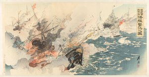 Representação da Guerra Sino-Japonesa e a grande vitória da Marinha Japonesa perto de Dagushan Nisshin sensô Taikôsan oki Nichi-kan senryô no zu (título no objeto) de Ogata Gekko