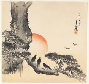 Corvos em um tronco de árvore, período Meiji, c.1890-1910 (impressão em xilogravura colorida)